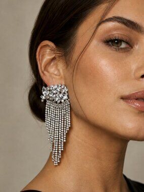 ✨ Silver Rhinestone Fringe Statement Earrings Crystal Chandelier Drop Earrings